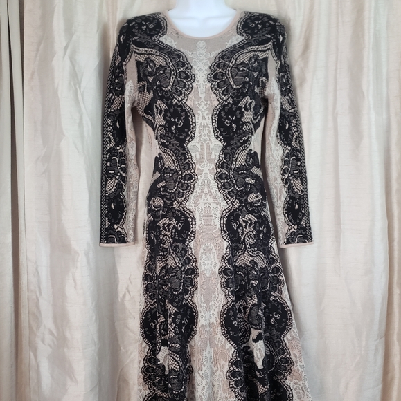 NWOT BCBGMaxAzria pink & black Karlie jacquard lace silk bodycon dress Medium - Picture 6 of 7